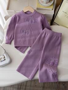 2pcs Set: 1pc Girls Elegant Beaded Butterfly Knit Sweater Top And 1pc Beaded Butterfly Knit Sweater Pants Set, Suitable For Casual Everyday Wear, Spring/Autumn/Winter - Purple - View 2