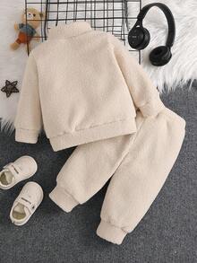 2pcs Baby Boy Fashion Plush Bear Embroidery Collar Zip-Up Top And Pants Set, Comfortable - Apricot - View 3