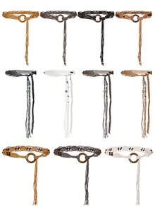 Plus Size Woven Belt, Women's Bohemian Style Woven Belt, Vintage Wax Rope Handmade Wooden Ring Hollow Woven Belt, Black, Camel, Khaki Woven Belt, Suitable For Outdoor Dresses - Multicolor - View 5