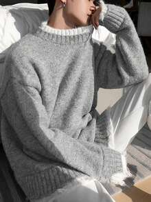 Unisex lässiger Rundhals-Patchwork-Pullover mit abgenutztem Saum, Langarm, Loose Fit, geeignet für Herbst und Winter - Grau - Übersicht 4