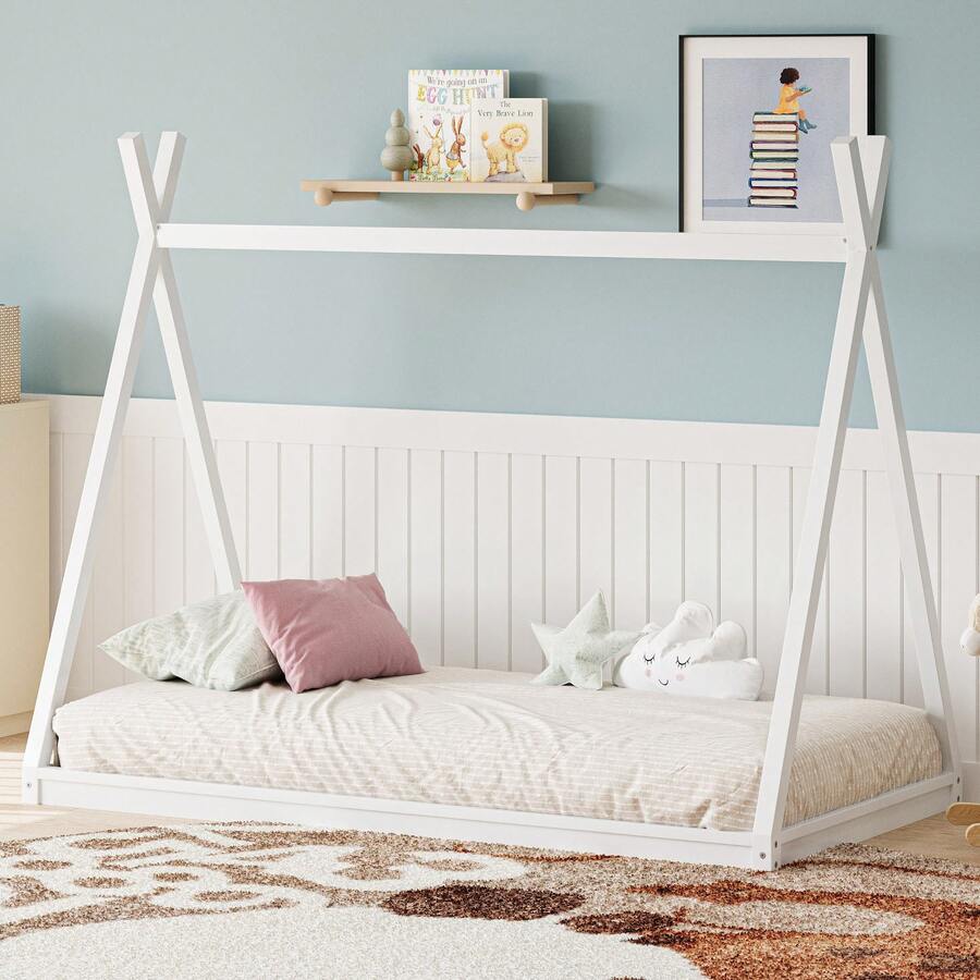 Twin Size House Floor Bed Frame,Wooden Montessori Low-Floor Bed  House Shape Tent Bed Frame Roof For Boys Girls Teens For Kids,Twin Size Kids Bed, White