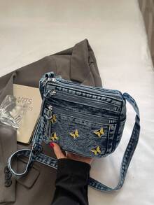 1 chiếc túi đeo chéo denim nữ kiểu dáng thường ngày, túi vuông nhỏ nhiều khóa kéo, nhiều ngăn, phù hợp sử dụng hàng ngày, kiểu dáng denim cổ điển, trang trí thêu hình bướm, túi đeo chéo mini là món quà tốt nhất dành cho các cô gái muốn sự nhẹ nhàng và tiện lợi hơn. - Màu xanh lam - Xem 10
