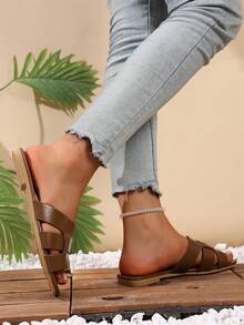 2025 Summer New Brown PU Criss-Cross Slip-On Flat Square Toe Sandals, Comfortable & Versatile Women's Slippers, Suitable For Valentine's Day, Beach Party, Travel