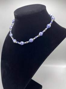 1pc Ceramic Flower & Faux Pearl Beaded Necklace, Bohemian Style Blue Ceramic Necklace, Suitable For Women's Daily Wear, Dates, Parties, Beach Vacations, Gifts