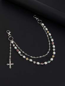 1pc Vintage Elegant Minimalist Colorful Crystal & Faux Pearl Pants Chain, Unisex Punk Hip-Hop Diagonal Cross Chain, For Pants Decoration, Casual Outdoor, Travel, Date Wear