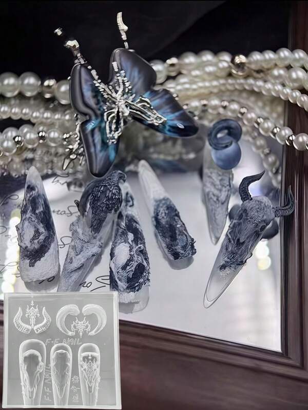 Molde de silicone para decoração de unhas em relevo 3D personalizado escuro, cabeça de ovelha, espinha de dragão, corvo, totem de ovelha de alta transparência