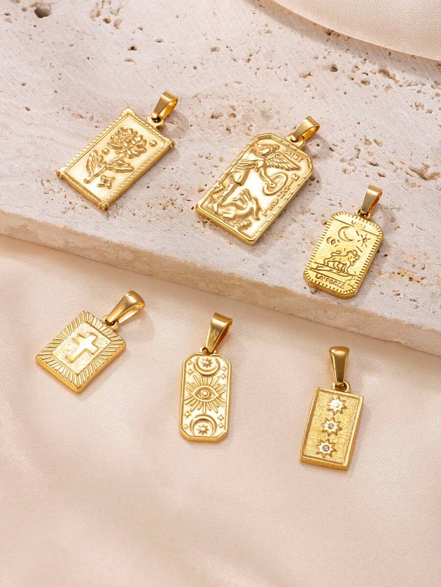 1pc 18K Gold Plated Stainless Steel Pendant, Square Pendant, Devil's Eye Cross Pendant, Flower Pattern Pendant, DIY Necklace Earring Jewelry Making, Daily Wear, Gift - Gold - View 1