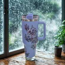 Floral Stainless Steel Thermal Mug With Handle, Lid, And Straw For Coffee, Tea, Juice, Or Water. Designed To Be Portable, It's Ideal For Travel, The Gym, The Car, The Office, And As A Gift. - Aleatória - 查看 10