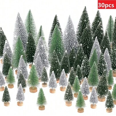 30 piezas Árboles de Navidad Artificiales Miniatura con Base de Madera, Decoraciones Navideñas, Surtido de Árboles de Navidad Pequeños para Decoración Navideña, Escritorio, Invierno