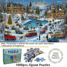 1 caja de 1000 piezas de rompecabezas para adultos - Pueblo de festival de invierno, coches vintage, río congelado, 75x50cm, decoración artística, ideal para regalos festivos, sin marco, perfecto para Halloween, Acción de Gracias, Pascua, Ramadán Mubarak, mejor para Navidad