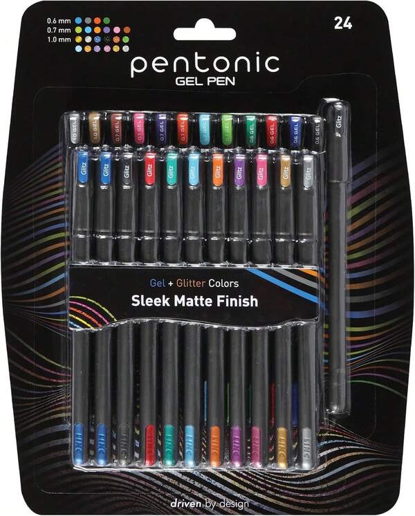 Pentonic Gel Pens, 24 Count, Mixed Pack (12 Assorted Color Pens, 12 Glitter Pens), Medium & Fine Point, Smooth Writing Journaling (1002355)