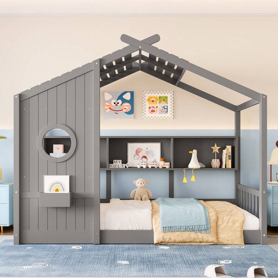 TWIN SIZE FLOOR BED FRAME FOR TODDLER MONTESSORI HOUSE BED WITH ROOF DESIGN STORAGE SHELF PLAYHOUSE BED WHITE PERFECT KIDS BED FOR BOYS AND GIRLS TODDLER BED IDEAL CHILD'S BED - Grey - View 1