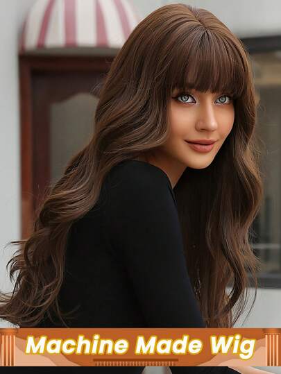 Chocolate Brown Machine Made Wig Human Hair Wig With Bangs Fringe Body Wave Easy To Install Wig Colored 4# Wigs With Bang 180% Density For Women Daily Use Halloween Costumes
