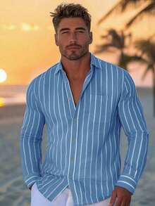 Men's Casual Striped Print Button-Down Long Sleeve Shirt, Autumn/Winter