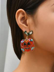 1 Pair Fashionable Alloy Drip Oil Witch Hat & Pumpkin Earrings, Funny Halloween Ghost Earrings, Cross-Border Jewelry