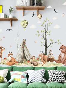 1 Set Cute Cartoon Small Animal Green Plant Combination Wall Sticker Glass Bedroom Children's Room Living Room Kindergarten Background Decoration Wall Sticker