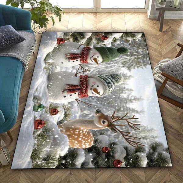 1 pieza Alfombra de terciopelo de cristal con muñeco de nieve y reno, decoración navideña, alfombra de piso lavable, adecuada para sala de estar/dormitorio/dormitorio/camping, alfombra grande para interiores/exteriores, rectangular, antideslizante, hecha a máquina, poliéster
