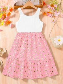 Girls' Summer Fashion All-Over Daisy Print Dress, Comfortable & Skin-Friendly Casual Big Tween Girl Dress, Daily Wear Clothes, Youthful & Energetic Student Girl Sleeveless Dress - Pink - View 2