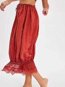 Women Lace Trim Long Bloomers Y2k Elastic Mid Rise Ruffle Victorian Pantaloons Cropped Flared Slips Pants Pumpkin Pants - Red - View 2
