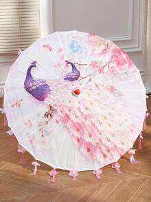 Retro Chinese Umbrella With Tassels Floral/Animal Print Silk Parasol Umbrella Photography Props