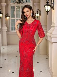 JINLICX V-Neck Sleeveless Beaded Tassel Decor Luxurious Party Wedding Dress - Red - View 5