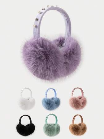 1 件女士水钻和珍珠纯色毛绒可折叠保暖时尚多功能耳罩秋季装饰