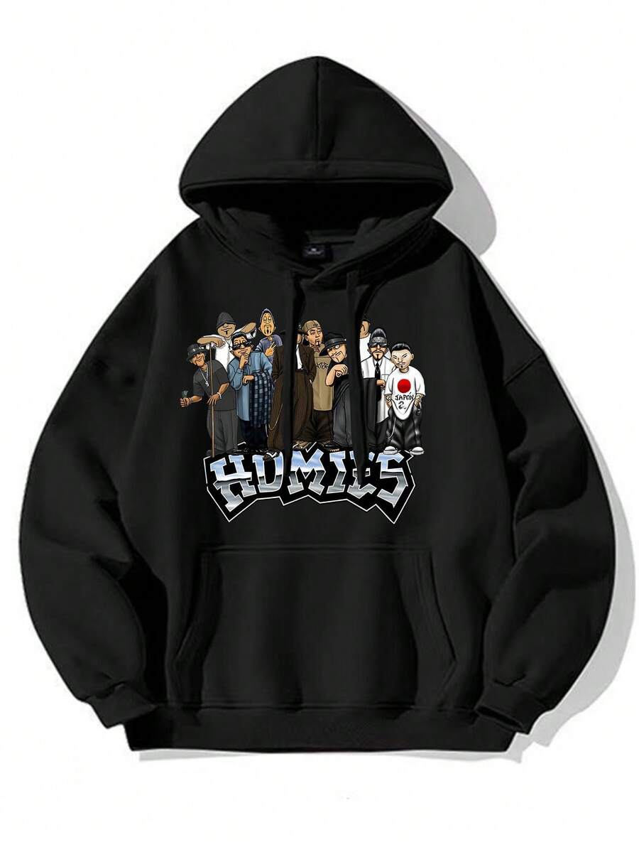 Homies Life Horror Movie Printed Men's Hoodie With Pocket, Comfortable And Stylish Hooded Pullover, Suitable As Christmas Gift For Autumn And Winter Men's Wear - 黑色 - 查看 1