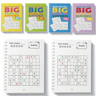 Brain Busters BIG Workbook Of SUDOKU - Spiral-Bound Logic Puzzle , 4 Levels Grids, Timed Challenges, Portable Travel Size, Gift For Puzzle Lovers