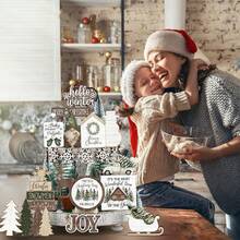 Christmas Tiered Tray Decor Winter Tiered Tray Decorations Set Snowman Snowflake Gnome Truck Wood Signs Farmhouse Christmas Table Decorations For Home Table Shelf(Rustic Style)