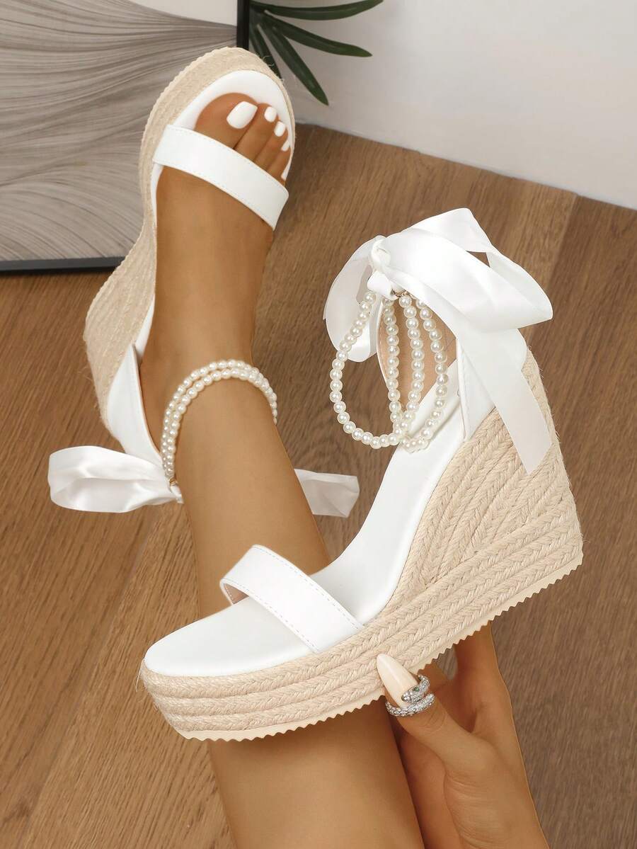 Sandalias de plataforma y cuña para mujer, estilo coreano de verano, versátiles, con suela gruesa, tacón súper alto y tejido de paja - Blanco - Ver 1