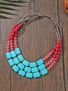 Beryohz 1pc Bohemian Style Turquoise & White Howlite Multi-Layer Beaded Necklace - multi-layered necklace - View 8
