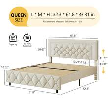 HOMBCK Twin/ Full/ Queen/ King Size Bed Frame, Upholstered Bed Frame With Diamond Headboard And Footboard, No Box Spring Needed, Easy Assembly, White/ Beige/ Black/ Grey/ Pink/ Purple/ Green - 米色 - 查看 9