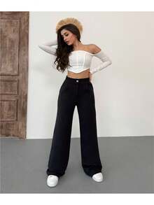 Women's White Lycra Palazzo Loose Wide Leg Trousers - Black - View 8
