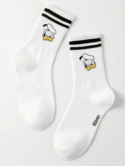 Disney 1 Pair Pattern Men's Mid-Calf Socks, Black & White Stripes, Cute Cartoon Design, Odor-Resistant, Moisture-Wicking, Casual & Sporty, Suitable For Students/Adults As Gifts Or Daily Wear, Fall