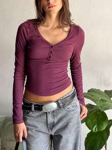 Womens Long Sleeve Henley Shirts Casual Spring Fall Crop Tops Slim Fitted Cute Ribbed Basic Tees Solid V Neck Going Out Tunic Blouse - Red Violet - View 2