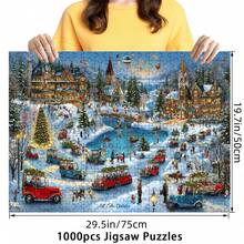 1 caja de 1000 piezas de rompecabezas para adultos - Pueblo de festival de invierno, coches vintage, río congelado, 75x50cm, decoración artística, ideal para regalos festivos, sin marco, perfecto para Halloween, Acción de Gracias, Pascua, Ramadán Mubarak, mejor para Navidad