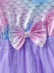 Young Girls Casual Cap Sleeve Asymmetrical Fish Scale Floral Print Bow Mesh Sequin Long Sleeve Dress