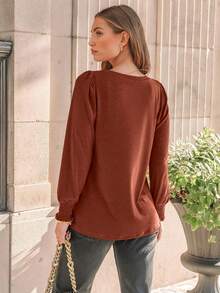 GEREARC Women's Crewneck  Pleated Lantern Long Sleeve Tunic Blouses  Lightweight Soft Casual Elegant Loose Tops - 楓葉紅 - 查看 2
