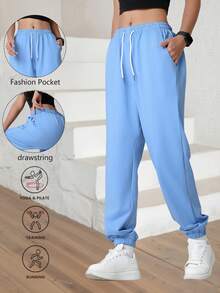 Women'S Outdoor Casual Running Pants - Elastic Waistband Pockets Sports Trousers, Lightweight All-Season Pants, Women'S Athletic Long Pants, Suitable For Gym, Machine Washable, Solid Color Design, Comfortable Fit, Y-Shape Style, Stretchy Waist, Ideal For Outdoor Hiking & Sports Enthusiasts Tights