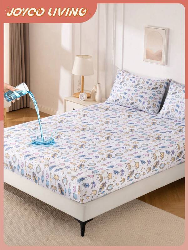 1 pieza Sábana ajustable impresa digitalmente y resistente al agua, ropa de cama, protector de colchón, cubierta de cama, sábana, decoración de otoño, patrón de corona de princesa azul y blanco, ideal para niñas, textil para el hogar acogedor, protector de colchón transpirable y antipelusas