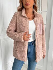 Giacca casual con zip, in colore unito, manica lunga, in pile, calda, invernale - Rosa Baby - Visualizzare 1