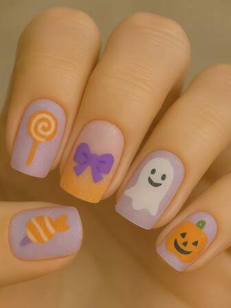 24Pcs Short Square Press On Nails, Halloween Style With Pumpkin, Ghost, Lollipop, Bow; Matte Lavender-Orange Ombre; Comfortable, Easy Apply, Long-Lasting; For Women, Parties, Daily Wear; Includes Jelly Glue & File Nail Supplies Nails