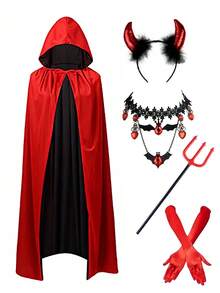 5pcs Halloween Hooded Cloak Double-Sided Devil Party Accessories, Cosplay Devil Horns Trident Necklace Long Gloves Horror Costume For Halloween Party - Multicolor - View 11