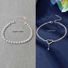 2 Pcs Beach Party Wedding Foot Jewelry Rhinestone And Imitation Pearl Decor Double Layer Chain Anklets Set