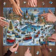 1 caja de 1000 piezas de rompecabezas para adultos - Pueblo de festival de invierno, coches vintage, río congelado, 75x50cm, decoración artística, ideal para regalos festivos, sin marco, perfecto para Halloween, Acción de Gracias, Pascua, Ramadán Mubarak, mejor para Navidad