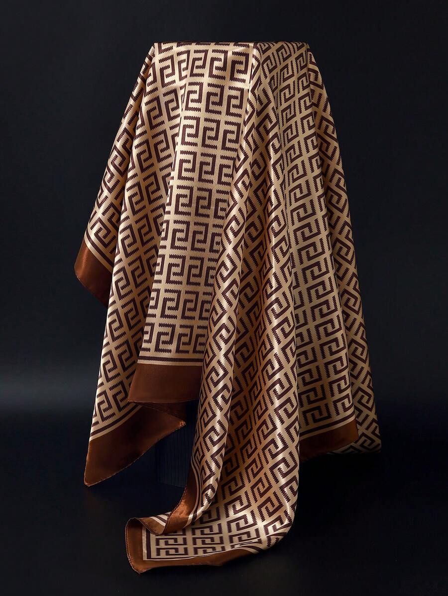 90*90厘米户外防晒披肩，时尚女士轻薄围巾，防风围巾，帆船旗帜和锚图案，彩色拼接，蓝色、粉色、红色、咖啡色、米色、白色方形领巾、头巾、方巾，适合职业女性搭配正装 - 咖色1 - 查看 1