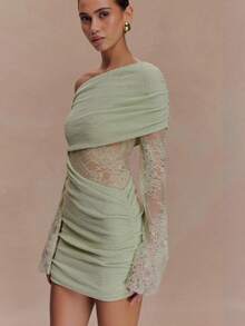 2025 Women's Explosive Fashion Lace Spliced Knitted Short Skirt Hot Girl Sexy European And American One-Shoulder Dress - 抹茶色 - 查看 3
