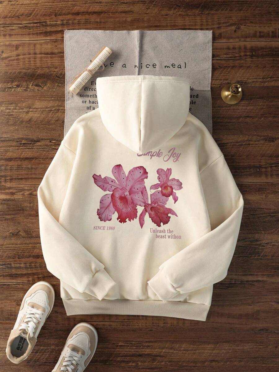 Damen Lässiger Grafik-Muster Loose Fit Thermofutter Kapuzenpullover, Winter