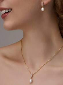 金色人造锆石仿珍珠吊坠项链和耳环套装 - 女士时尚、优雅、精致的新娘首饰套装、新娘首饰、婚礼配饰、时尚首饰礼品 - 金色 - 查看 5