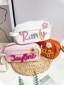 1PC Custom Handmade Name Cosmetic Bag, Corduroy Cosmetic Bag, Sanitary Napkin Storage Bag, Travel Cosmetic Bag, Personalized Storage Bag, Multifunctional, Decorative, Letters, Solid Color, Exquisite, Fashionable, Vintage, Modern, Colorful, Casual, Basic Style, Relaxed, Soft, Unique, Customized, Personalized, Customized, Ideal Gift For Her, Girlfriend, Her, Friends